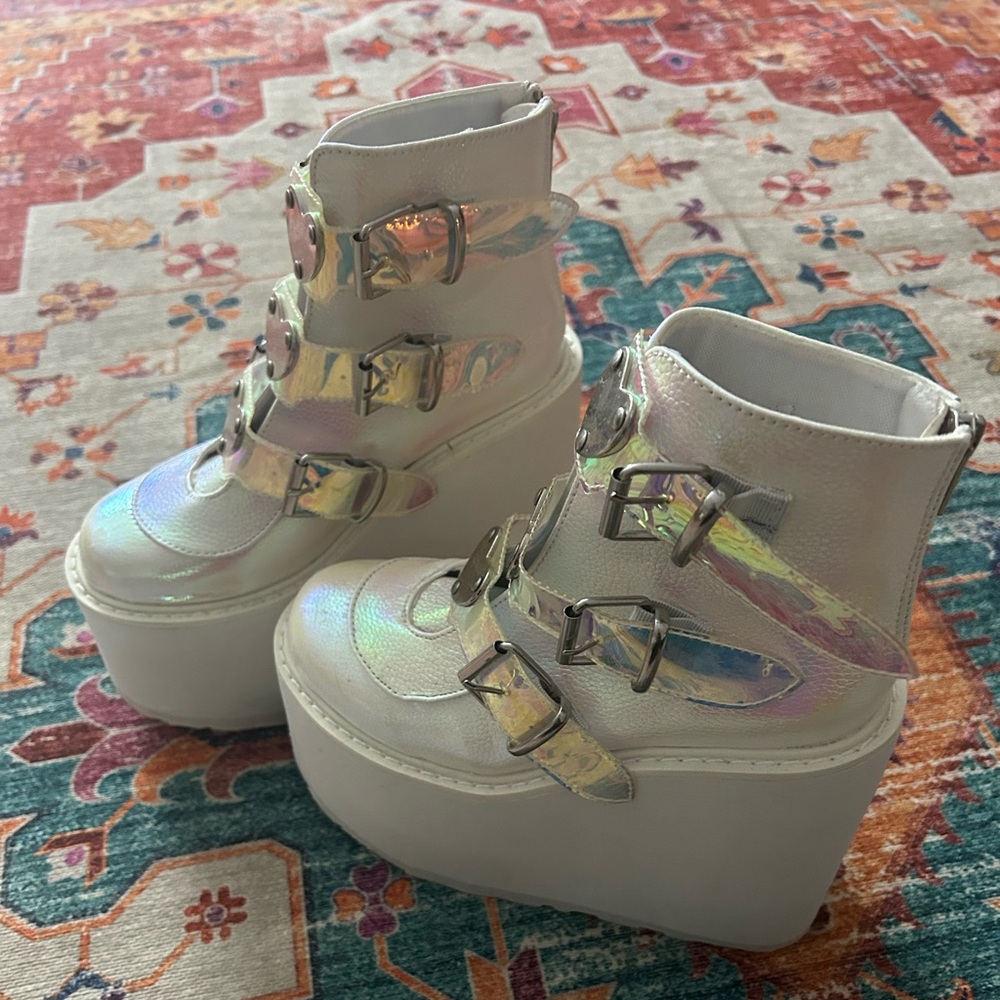 Demonia Swing 105 Heart Buckle Holographic Platform Boots